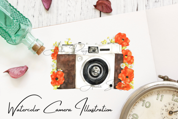 Camera with Watercolor Poppy Flowers Illustrations