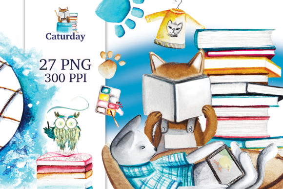 Caturday Watercolor Kitty Graphics & Illustrations