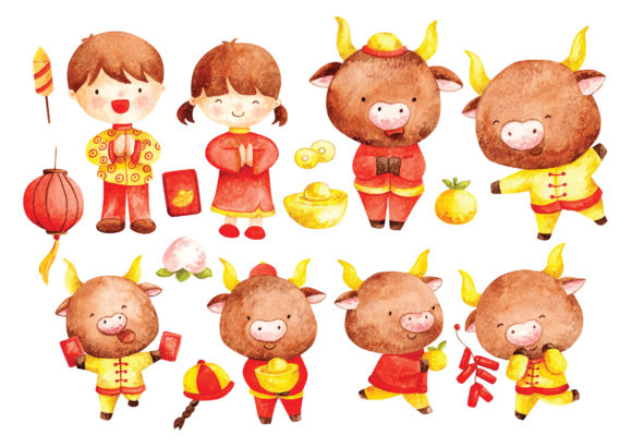 Chinese New Year of Watercolor Style Illustrations