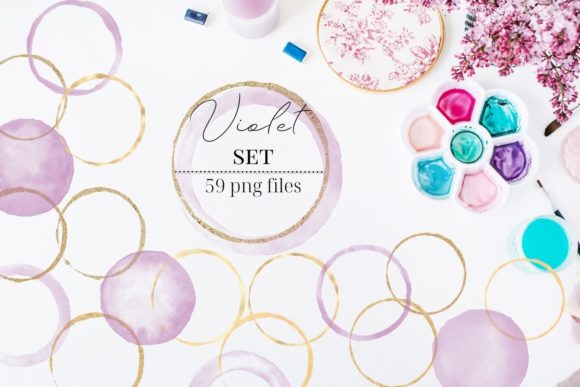 Gold Circles with Violet Watercolor Illustrations