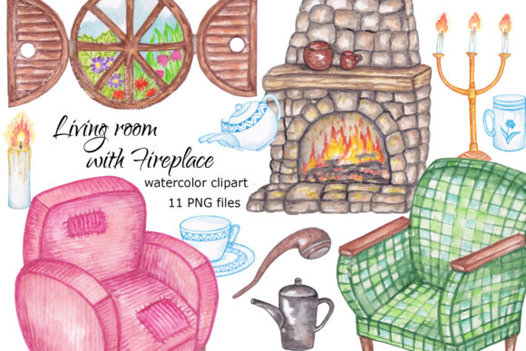 Living Room Fireplace Watercolor Clipart and Illustrations