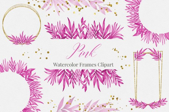 Pink Watercolor Leaves Frames Clipart and Illustrations