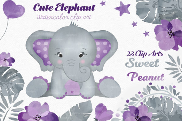 Purple Elephant Clip Art, Watercolor