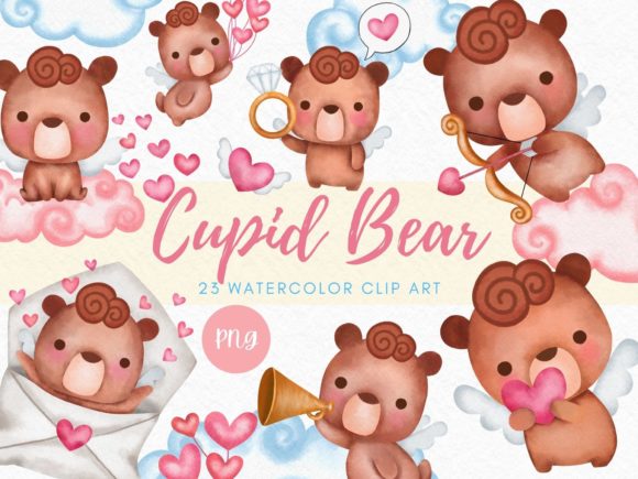 Valentines Cupid Bear Watercolor Clipart