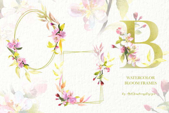 Watercolor Blooming Frames Design Set and Illustrations