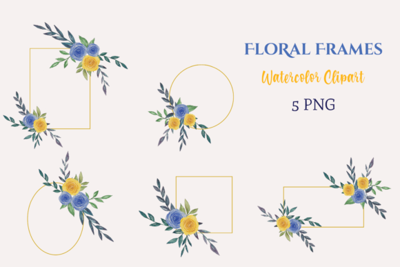 Watercolor Blue Yellow Floral Frames Illustrations