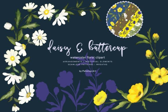 Watercolor Daisy Buttercup Clipart Set Illustrations