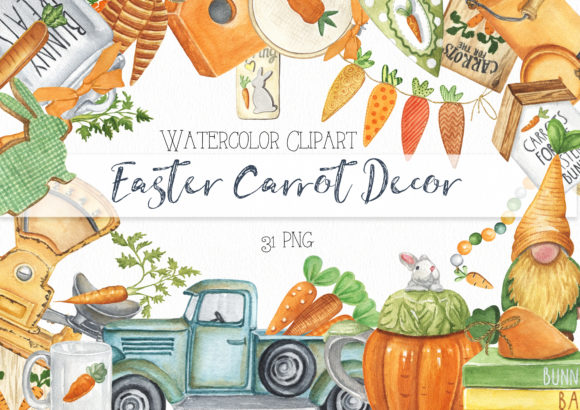 Watercolor Easter Carrot Decor Clipart and Illustrations