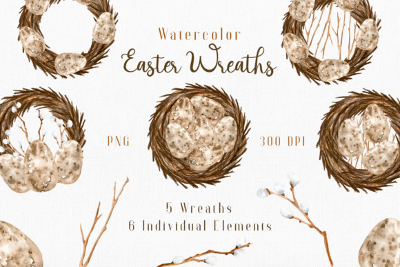 Watercolor Easter Wreaths Clipart Set and Illustrations