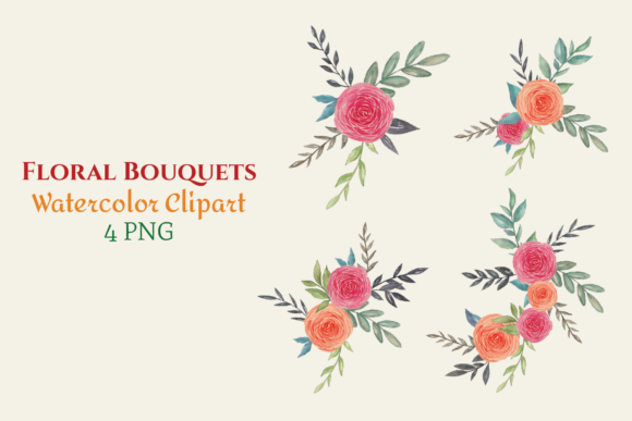 Watercolor Floral Bouquets Red Orange Illustrations