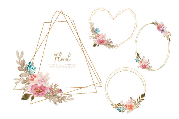 Watercolor Floral Gold Frame Clipart and Illustrations