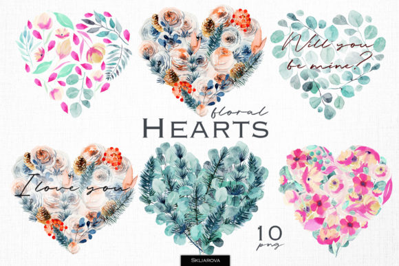 Watercolor Floral Hearts Illustrations