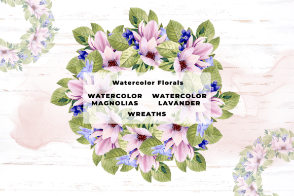 Watercolor Magnolia Lavander Wreaths: Premium Illustrations