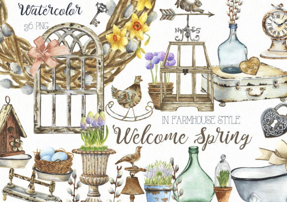 Watercolor Spring Farmhouse Decor Clipart and Illustrations