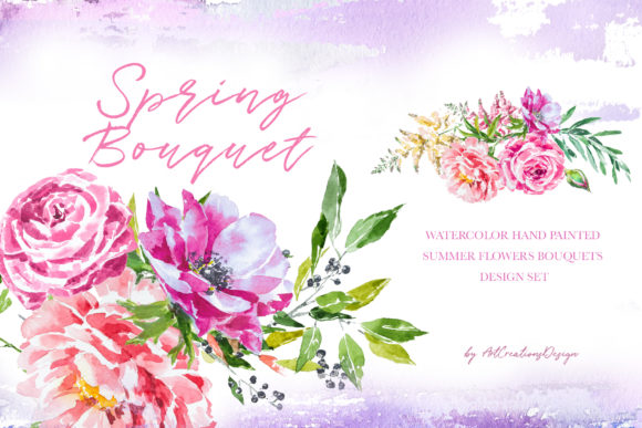 Watercolor Summer Bouquet Clipart Set and Illustrations