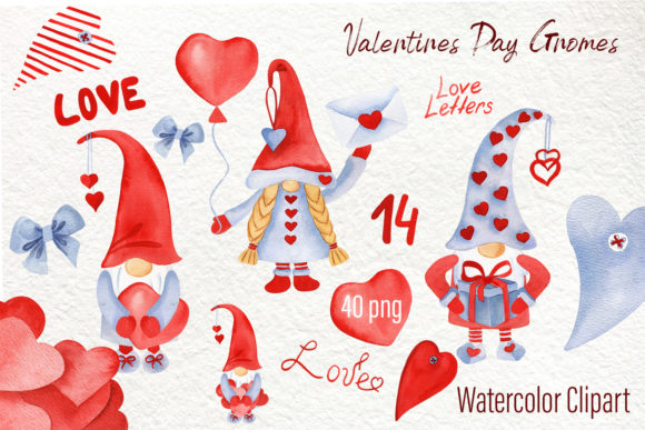 Watercolor Valentine Gnomes Clipart Png and Illustrations