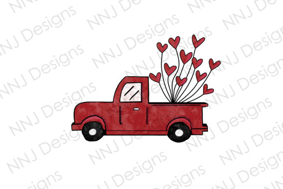 Watercolor Valentine’s Day Red Truck Illustrations