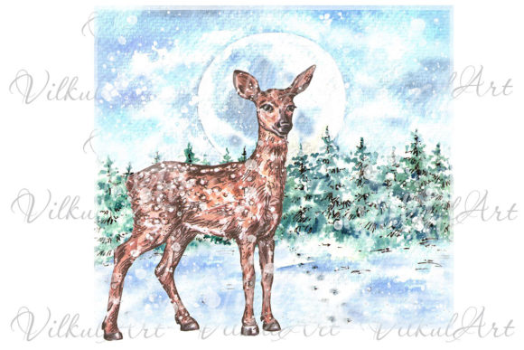 Watercolor Winter Woodland Deer Clipart and Illustrations